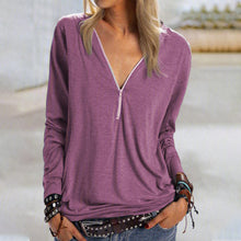 Laden Sie das Bild in den Galerie-Viewer, Solides Langarm-T-Shirt mit Reißverschluss