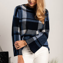 Laden Sie das Bild in den Galerie-Viewer, Kariertes Sweatshirt mit Rundhalsausschnitt und Farbblockmuster