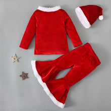 Laden Sie das Bild in den Galerie-Viewer, 3-teiliges Set aus Teddy-Oberteil und Flare-Hose aus süßem rotem Samt mit Weihnachtsmotiv