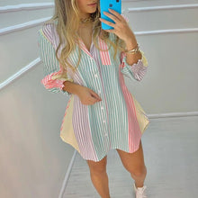 Laden Sie das Bild in den Galerie-Viewer, Gestreiftes Sommerkleid für Damen mit V-Ausschnitt und langen Ärmeln