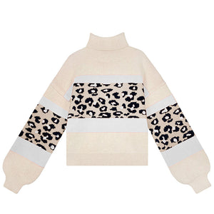 Rollkragen-Strickpullover mit Leopardenmuster und Farbblock