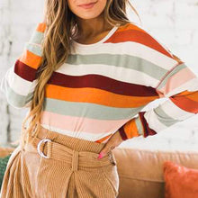Laden Sie das Bild in den Galerie-Viewer, Kontrastgestreiftes Langarm-T-Shirt mit Rundhalsausschnitt