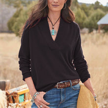 Laden Sie das Bild in den Galerie-Viewer, Solider lockerer langärmliger Pullover mit V-Ausschnitt