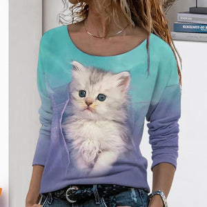 Langärmeliges Damen-T-Shirt mit Katzenmotiv