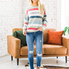 Laden Sie das Bild in den Galerie-Viewer, Kontrastgestreiftes Langarm-T-Shirt mit Rundhalsausschnitt