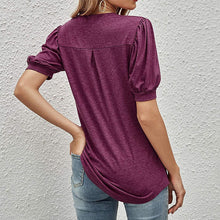 Laden Sie das Bild in den Galerie-Viewer, Einfarbiges T-Shirt mit V-Ausschnitt und Puffärmeln