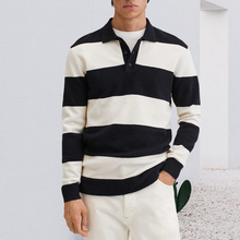 Laden Sie das Bild in den Galerie-Viewer, Lässiger Pullover mit Kontraststreifen und Halbknopf am Revers