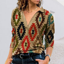 Laden Sie das Bild in den Galerie-Viewer, Damen Bedrucktes Langärmliges T-Shirt mit V-Revers