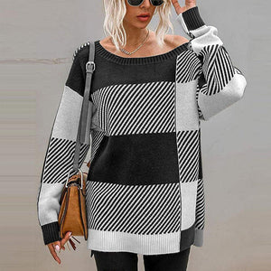 Damen Plaid-Kontrast-Strickpullover