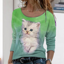 Laden Sie das Bild in den Galerie-Viewer, Langärmeliges Damen-T-Shirt mit Katzenmotiv