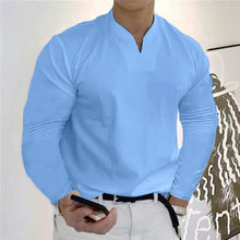 Laden Sie das Bild in den Galerie-Viewer, Einfarbiges Geschäft-T-Shirt mit V-Ausschnitt und langen Ärmeln