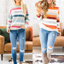 Laden Sie das Bild in den Galerie-Viewer, Kontrastgestreiftes Langarm-T-Shirt mit Rundhalsausschnitt