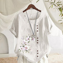 Laden Sie das Bild in den Galerie-Viewer, Kurzärmlige Bluse aus Baumwolle und Leinen mit Blumenmuster