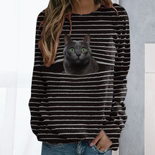 Laden Sie das Bild in den Galerie-Viewer, Gestreiftes T-Shirt mit Katzen-Print