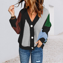 Laden Sie das Bild in den Galerie-Viewer, Colorblock-Pullover Cardigan mit V-Ausschnitt