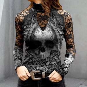 T-Shirt mit Totenkopf-Print aus Spitze