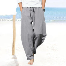 Laden Sie das Bild in den Galerie-Viewer, Einfarbige Herrenhose aus Baumwolle und Leinen mit weitem Bein