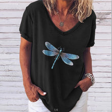 Laden Sie das Bild in den Galerie-Viewer, Kurzärmliges T-Shirt mit V-Ausschnitt und Libellendruck für Damen