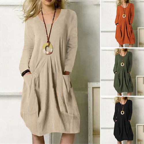Damen lockeres lässiges langes Kleid einfarbiges Taschenkleid