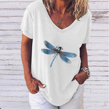 Laden Sie das Bild in den Galerie-Viewer, Kurzärmliges T-Shirt mit V-Ausschnitt und Libellendruck für Damen