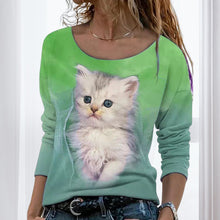Laden Sie das Bild in den Galerie-Viewer, Langärmeliges Damen-T-Shirt mit Katzenmotiv