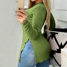 Laden Sie das Bild in den Galerie-Viewer, Einfarbiges Langärmliges T-Shirt mit Knopfschlitz und Rundhalsausschnitt