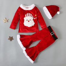 Laden Sie das Bild in den Galerie-Viewer, 3-teiliges Set aus Teddy-Oberteil und Flare-Hose aus süßem rotem Samt mit Weihnachtsmotiv