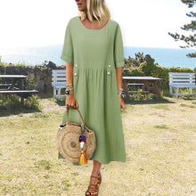 Laden Sie das Bild in den Galerie-Viewer, Damenkleid aus Baumwolle und Leinen mit Rundhalsausschnitt