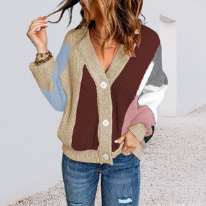 Colorblock-Pullover Cardigan mit V-Ausschnitt