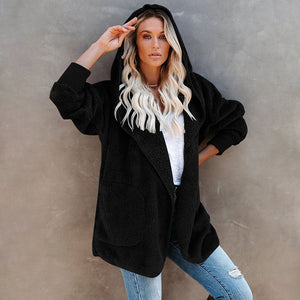 Langärmlige Lässige Einfarbige Strickjacke mit Kapuze