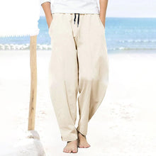 Laden Sie das Bild in den Galerie-Viewer, Einfarbige Herrenhose aus Baumwolle und Leinen mit weitem Bein