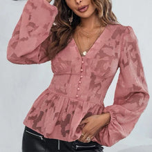 Laden Sie das Bild in den Galerie-Viewer, Einfarbiges Langärmeliges Chiffonhemd mit V-Ausschnitt und Jacquard