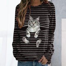 Laden Sie das Bild in den Galerie-Viewer, Gestreiftes T-Shirt mit Katzen-Print