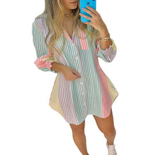 Laden Sie das Bild in den Galerie-Viewer, Gestreiftes Sommerkleid für Damen mit V-Ausschnitt und langen Ärmeln