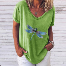 Laden Sie das Bild in den Galerie-Viewer, Kurzärmliges T-Shirt mit V-Ausschnitt und Libellendruck für Damen