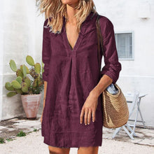 Laden Sie das Bild in den Galerie-Viewer, Einfarbiges Langes Lässiges Langarmkleid mit V-Ausschnitt