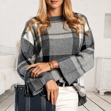 Laden Sie das Bild in den Galerie-Viewer, Kariertes Sweatshirt mit Rundhalsausschnitt und Farbblockmuster