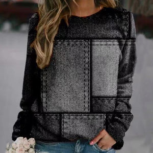 Damen Herbst/Winter Denim Farbblock Rundhals Langarm Pullover