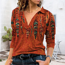 Laden Sie das Bild in den Galerie-Viewer, Damen Bedrucktes Langärmliges T-Shirt mit V-Revers