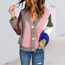 Laden Sie das Bild in den Galerie-Viewer, Colorblock-Pullover Cardigan mit V-Ausschnitt