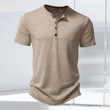Laden Sie das Bild in den Galerie-Viewer, T-Shirt mit Henley-Kragen aus geflammter Baumwolle