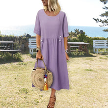 Laden Sie das Bild in den Galerie-Viewer, Damenkleid aus Baumwolle und Leinen mit Rundhalsausschnitt