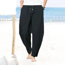 Laden Sie das Bild in den Galerie-Viewer, Einfarbige Herrenhose aus Baumwolle und Leinen mit weitem Bein