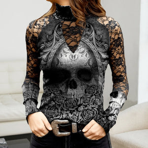 T-Shirt mit Totenkopf-Print aus Spitze