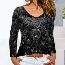 Laden Sie das Bild in den Galerie-Viewer, Langärmliges T-Shirt mit Rosendruck