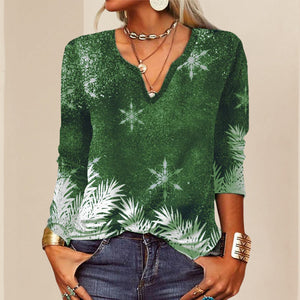 Langärmliges Weihnachts-T-Shirt mit V-Ausschnitt und Blumenmuster