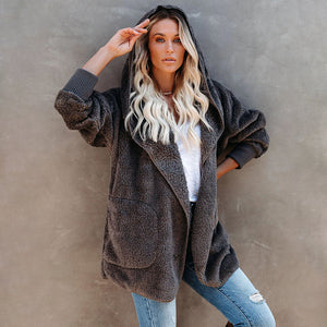 Langärmlige Lässige Einfarbige Strickjacke mit Kapuze