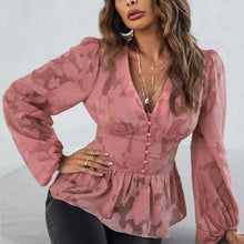 Laden Sie das Bild in den Galerie-Viewer, Einfarbiges Langärmeliges Chiffonhemd mit V-Ausschnitt und Jacquard