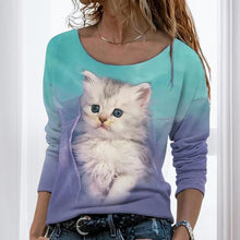 Laden Sie das Bild in den Galerie-Viewer, Langärmeliges Damen-T-Shirt mit Katzenmotiv