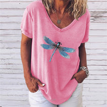 Laden Sie das Bild in den Galerie-Viewer, Kurzärmliges T-Shirt mit V-Ausschnitt und Libellendruck für Damen